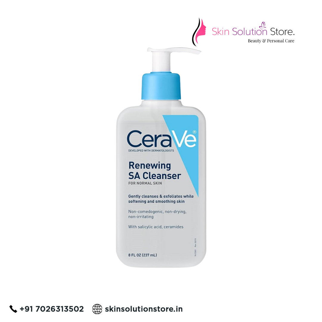 CeraVe Renewing SA Cleanser bottle on a white background with 'Skin Solution Store' branding.
